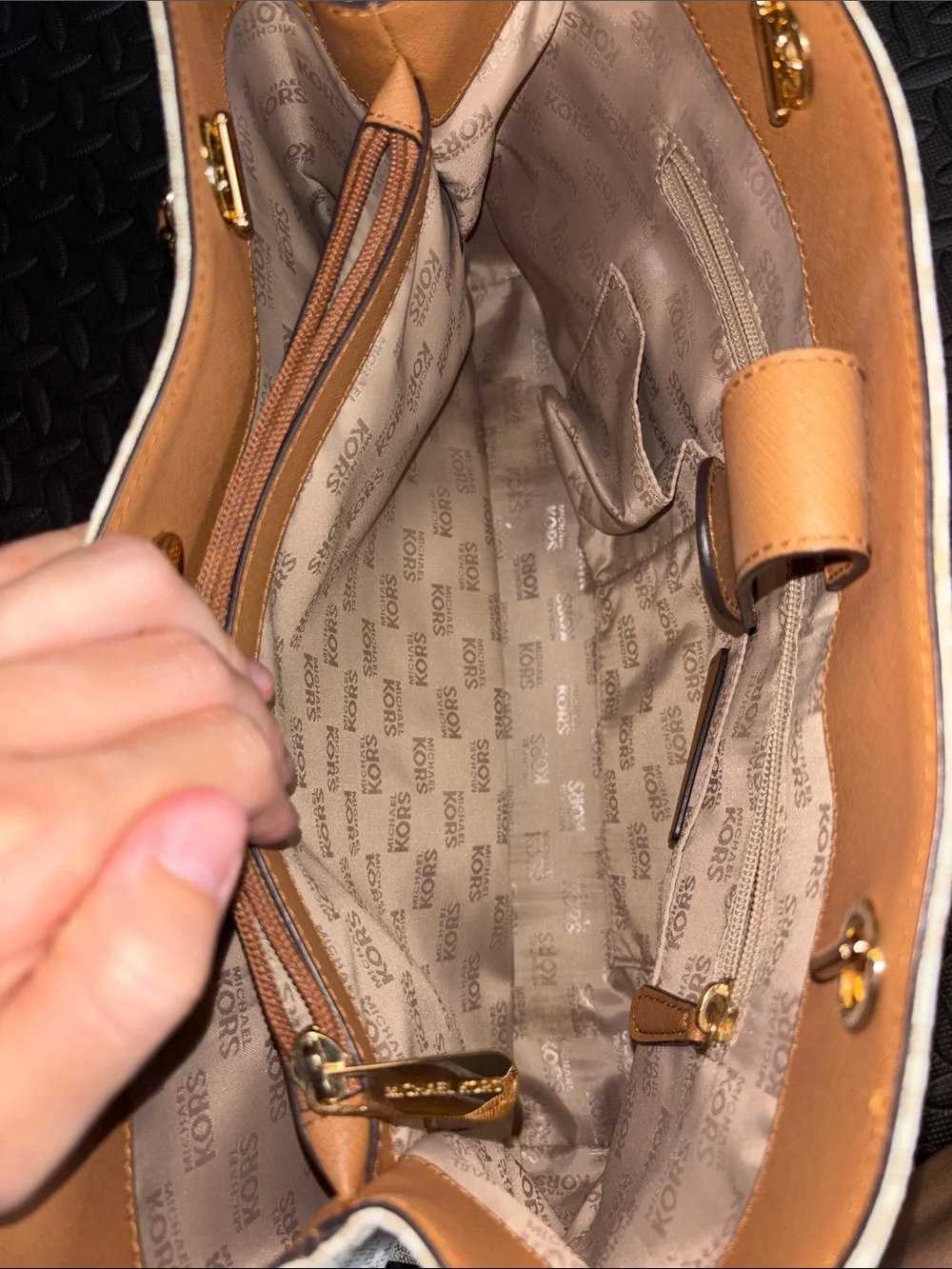 Michael Kors White and Brown MK Logo Chain-Handle Tote